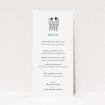 A wedding menu card design titled "One small step". It is a tall (DL) menu in a portrait orientation. "One small step" is available as a flat menu, with tones of white and green.