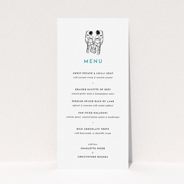 A wedding menu card design titled "One small step". It is a tall (DL) menu in a portrait orientation. "One small step" is available as a flat menu, with tones of white and green.
