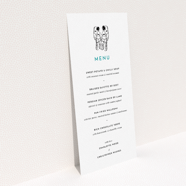 A wedding menu card design titled "One small step". It is a tall (DL) menu in a portrait orientation. "One small step" is available as a flat menu, with tones of white and green.