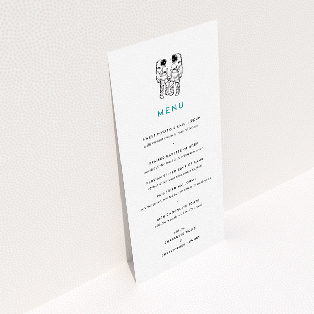A wedding menu card design titled "One small step". It is a tall (DL) menu in a portrait orientation. "One small step" is available as a flat menu, with tones of white and green.