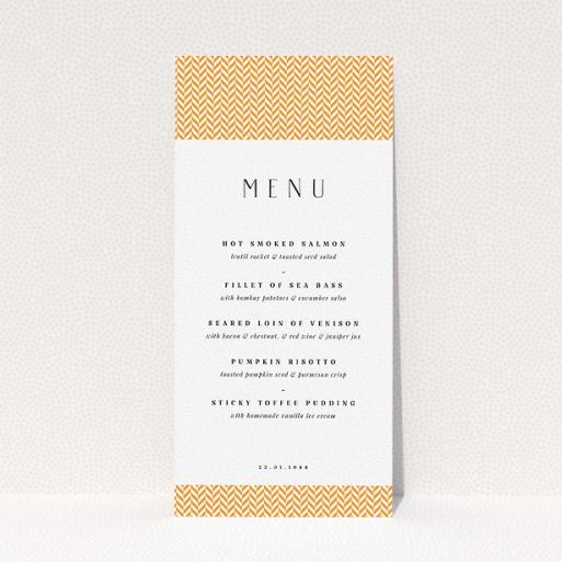 Wedding Menu Card Design - "Orange Houndstooth" A wedding menu card design called "Orange Houndstooth". It is a tall (DL) menu in a portrait orientation. "Orange Houndstooth" is available as a flat menu, with tones of orange and white.