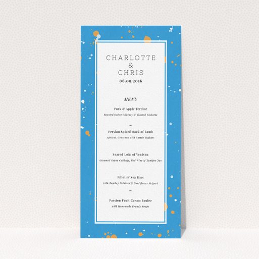 Wedding Menu Card Design - "Orange Splatters" A wedding menu card design titled "Orange Splatters". It is a tall (DL) menu in a portrait orientation. "Orange Splatters" is available as a flat menu, with tones of light blue and orange.