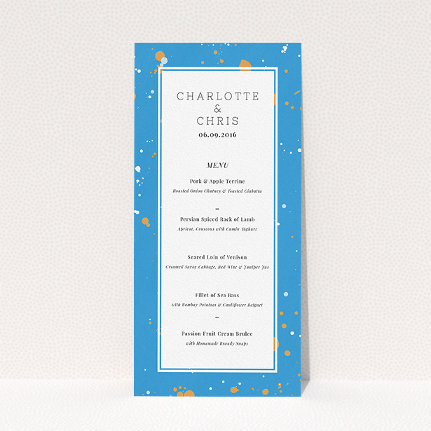 A wedding menu card design titled "Orange Splatters". It is a tall (DL) menu in a portrait orientation. "Orange Splatters" is available as a flat menu, with tones of light blue and orange.