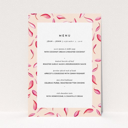 Wedding Menu Card Design - "Petal avalanche" A wedding menu card template titled "Petal avalanche". It is an A5 menu in a portrait orientation. "Petal avalanche" is available as a flat menu.