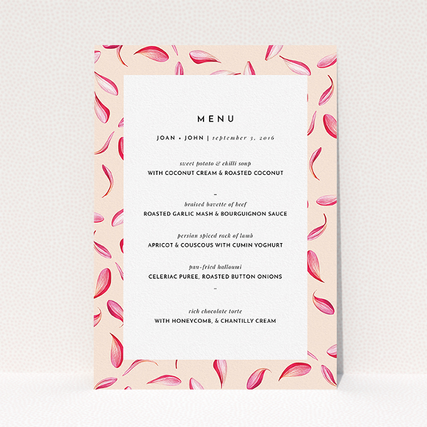A wedding menu card template titled "Petal avalanche". It is an A5 menu in a portrait orientation. "Petal avalanche" is available as a flat menu.