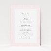 A wedding menu card named "Pink geometric maze". It is an A5 menu in a portrait orientation. "Pink geometric maze" is available as a flat menu, with tones of pink and white.