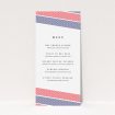 A wedding menu card named "Preppy Lines". It is a tall (DL) menu in a portrait orientation. "Preppy Lines" is available as a flat menu, with tones of white, blue and red.