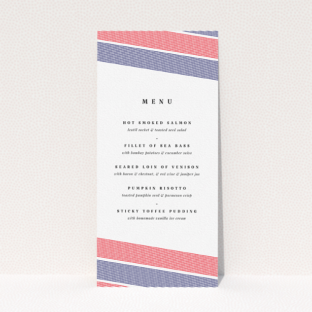 A wedding menu card named "Preppy Lines". It is a tall (DL) menu in a portrait orientation. "Preppy Lines" is available as a flat menu, with tones of white, blue and red.