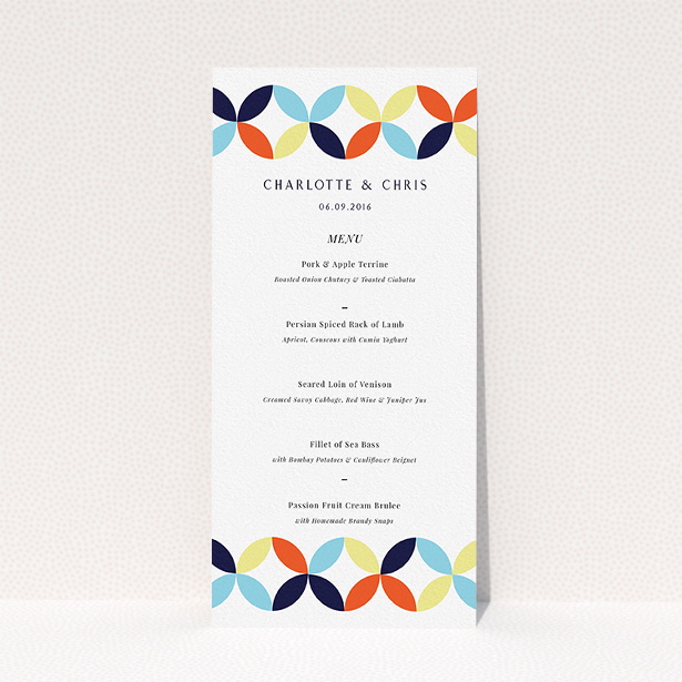 A wedding menu card design titled "Round and Round". It is a tall (DL) menu in a portrait orientation. "Round and Round" is available as a flat menu, with mainly light blue colouring.