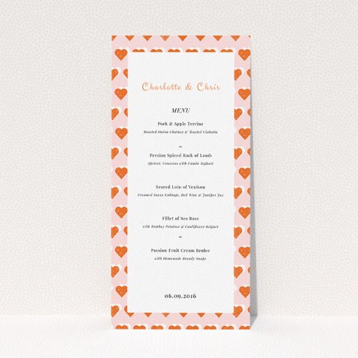 Wedding Menu Card Design - "Rustic Hearts" A wedding menu card named "Rustic Hearts". It is a tall (DL) menu in a portrait orientation. "Rustic Hearts" is available as a flat menu, with tones of pink and orange.