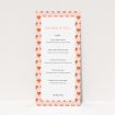 A wedding menu card named "Rustic Hearts". It is a tall (DL) menu in a portrait orientation. "Rustic Hearts" is available as a flat menu, with tones of pink and orange.