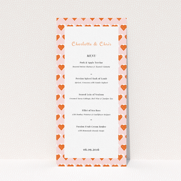 A wedding menu card named "Rustic Hearts". It is a tall (DL) menu in a portrait orientation. "Rustic Hearts" is available as a flat menu, with tones of pink and orange.