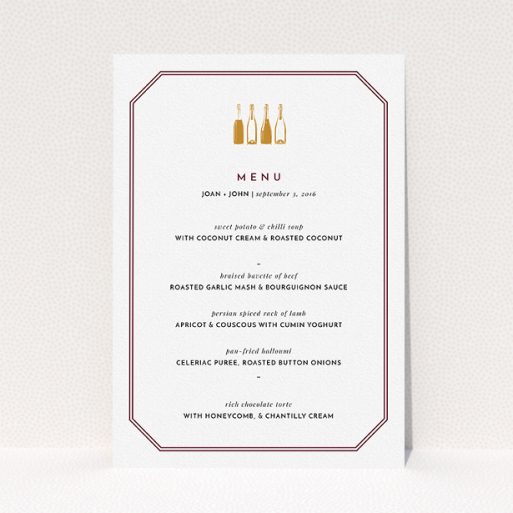 Wedding Reception Menu - See You At The Reception (Maroon) A wedding menu card called "See you at the reception". It is an A5 menu in a portrait orientation. "See you at the reception" is available as a flat menu, with tones of burgundy and gold.