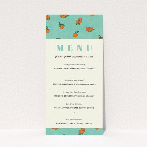 Wedding Menu Card Design - "Seville" A wedding menu card template titled "Seville". It is a tall (DL) menu in a portrait orientation. "Seville" is available as a flat menu, with tones of green and orange.