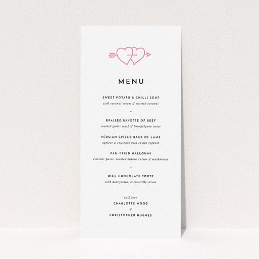 Wedding Menu Card Design - "Shot to the hearts" A wedding menu card named "Shot to the hearts". It is a tall (DL) menu in a portrait orientation. "Shot to the hearts" is available as a flat menu, with tones of white and pink.