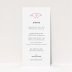 A wedding menu card named "Shot to the hearts". It is a tall (DL) menu in a portrait orientation. "Shot to the hearts" is available as a flat menu, with tones of white and pink.