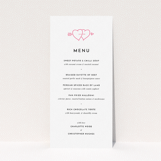 A wedding menu card named "Shot to the hearts". It is a tall (DL) menu in a portrait orientation. "Shot to the hearts" is available as a flat menu, with tones of white and pink.