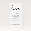 A wedding menu card design called "Simply Love". It is a tall (DL) menu in a portrait orientation. "Simply Love" is available as a flat menu, with tones of white and black.
