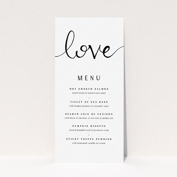 A wedding menu card design called "Simply Love". It is a tall (DL) menu in a portrait orientation. "Simply Love" is available as a flat menu, with tones of white and black.