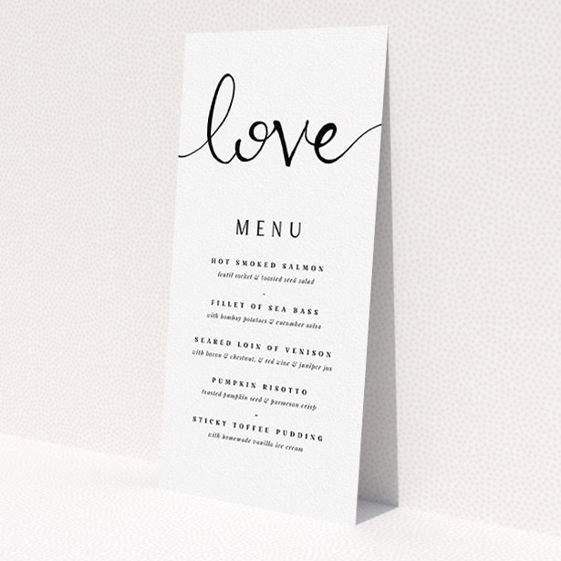 A wedding menu card design called "Simply Love". It is a tall (DL) menu in a portrait orientation. "Simply Love" is available as a flat menu, with tones of white and black.
