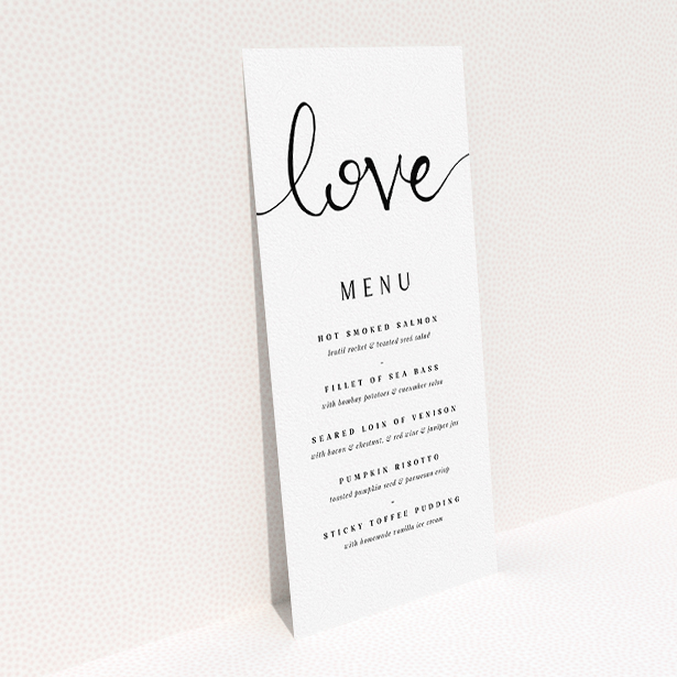 A wedding menu card design called "Simply Love". It is a tall (DL) menu in a portrait orientation. "Simply Love" is available as a flat menu, with tones of white and black.