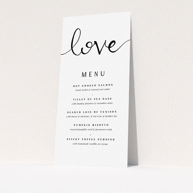 A wedding menu card design called "Simply Love". It is a tall (DL) menu in a portrait orientation. "Simply Love" is available as a flat menu, with tones of white and black.