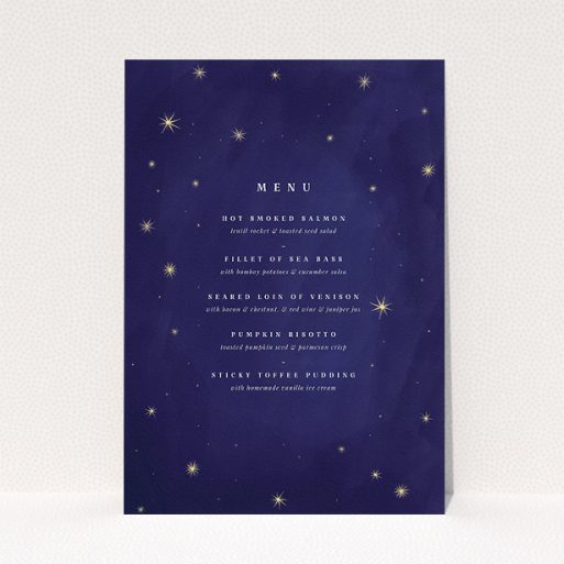 Wedding Menu Card Design - "Sky at night" A wedding menu card named "Sky at night". It is an A5 menu in a portrait orientation. "Sky at night" is available as a flat menu, with tones of blue and gold.