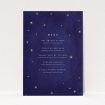 A wedding menu card named "Sky at night". It is an A5 menu in a portrait orientation. "Sky at night" is available as a flat menu, with tones of blue and gold.