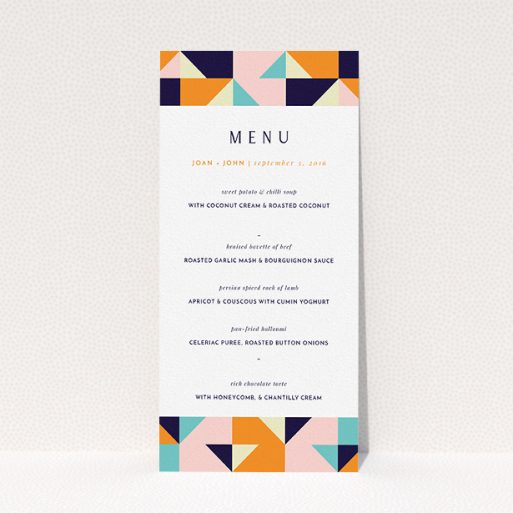 Wedding Menu Card Design - "Sloane Squares" A wedding menu card named "Sloane Squares". It is a tall (DL) menu in a portrait orientation. "Sloane Squares" is available as a flat menu, with mainly orange colouring.