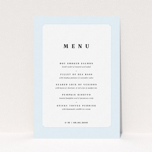 Wedding Menu Card - Square Slant (Light Blue) A wedding menu card named "Square slant". It is an A5 menu in a portrait orientation. "Square slant" is available as a flat menu, with tones of blue and white.