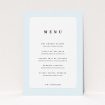A wedding menu card named "Square slant". It is an A5 menu in a portrait orientation. "Square slant" is available as a flat menu, with tones of blue and white.