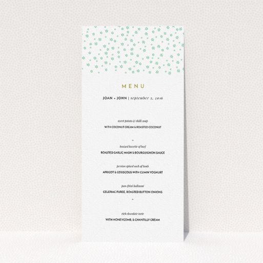 Wedding Menu Card Design - "Stars at night" A wedding menu card template titled "Stars at night". It is a tall (DL) menu in a portrait orientation. "Stars at night" is available as a flat menu, with mainly green colouring.