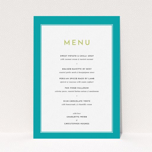 Wedding Menu Card Design - "Striking Blue Border" A wedding menu card design called "Striking Blue Border". It is an A5 menu in a portrait orientation. "Striking Blue Border" is available as a flat menu, with tones of green and white.