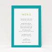 A wedding menu card design called "Striking Blue Border". It is an A5 menu in a portrait orientation. "Striking Blue Border" is available as a flat menu, with tones of green and white.