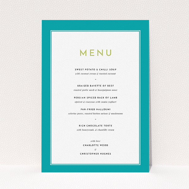 A wedding menu card design called "Striking Blue Border". It is an A5 menu in a portrait orientation. "Striking Blue Border" is available as a flat menu, with tones of green and white.