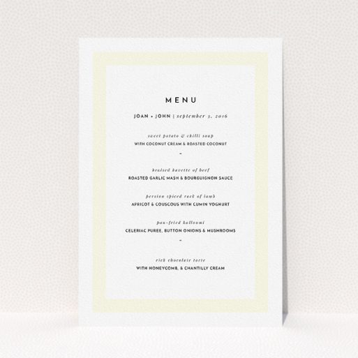 Wedding Menu Card Design - "Subtle Cream Border" A wedding menu card design called "Subtle Cream Border". It is an A5 menu in a portrait orientation. "Subtle Cream Border" is available as a flat menu, with mainly cream colouring.