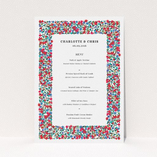 Wedding Menu Card Design - "Summer from a distance" A wedding menu card called "Summer from a distance". It is an A5 menu in a portrait orientation. "Summer from a distance" is available as a flat menu, with tones of white and red.