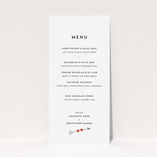 Wedding Menu Card Design - "Thanks Cupid" A wedding menu card design titled "Thanks Cupid". It is a tall (DL) menu in a portrait orientation. "Thanks Cupid" is available as a flat menu, with tones of white and red.