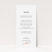 A wedding menu card design titled "Thanks Cupid". It is a tall (DL) menu in a portrait orientation. "Thanks Cupid" is available as a flat menu, with tones of white and red.