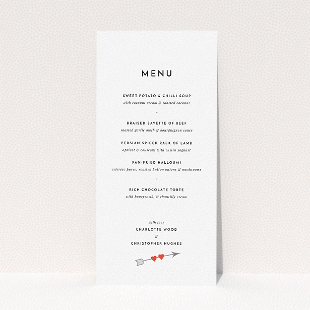 A wedding menu card design titled "Thanks Cupid". It is a tall (DL) menu in a portrait orientation. "Thanks Cupid" is available as a flat menu, with tones of white and red.