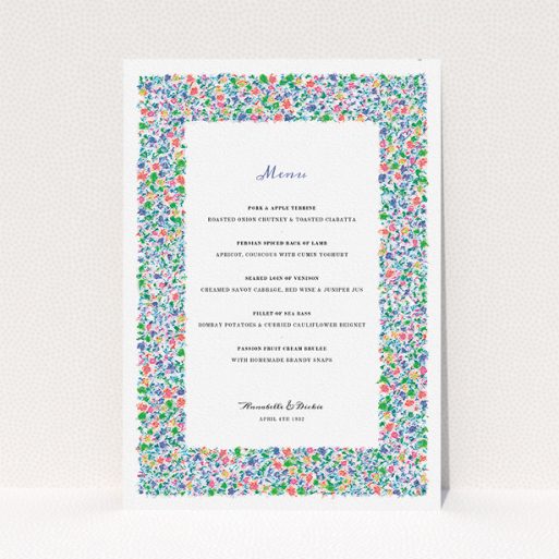 Wedding Menu Card Design - "The faraway garden" A wedding menu card design named "The faraway garden". It is an A5 menu in a portrait orientation. "The faraway garden" is available as a flat menu, with tones of white and green.