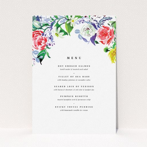 Wedding Menu Card Design - "The flowerbed" A wedding menu card called "The flowerbed". It is an A5 menu in a portrait orientation. "The flowerbed" is available as a flat menu, with tones of white and green.