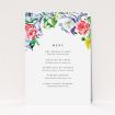 A wedding menu card called "The flowerbed". It is an A5 menu in a portrait orientation. "The flowerbed" is available as a flat menu, with tones of white and green.