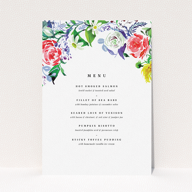 A wedding menu card called "The flowerbed". It is an A5 menu in a portrait orientation. "The flowerbed" is available as a flat menu, with tones of white and green.