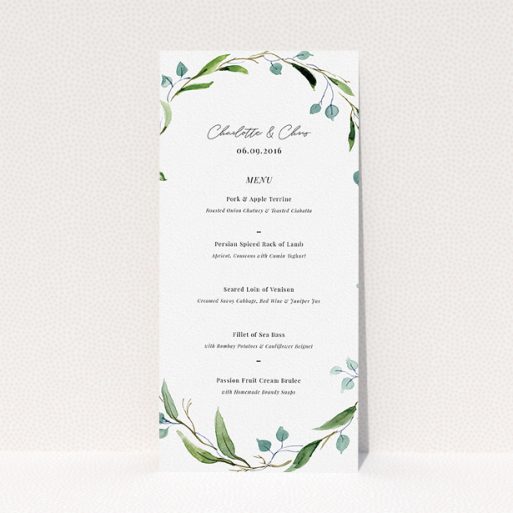 Wedding Menu Card Design - "Thin Watercolour Wreath" A wedding menu card design titled "Thin Watercolour Wreath". It is a tall (DL) menu in a portrait orientation. "Thin Watercolour Wreath" is available as a flat menu, with tones of blue and green.
