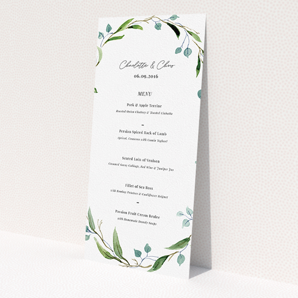 A wedding menu card design titled "Thin Watercolour Wreath". It is a tall (DL) menu in a portrait orientation. "Thin Watercolour Wreath" is available as a flat menu, with tones of blue and green.