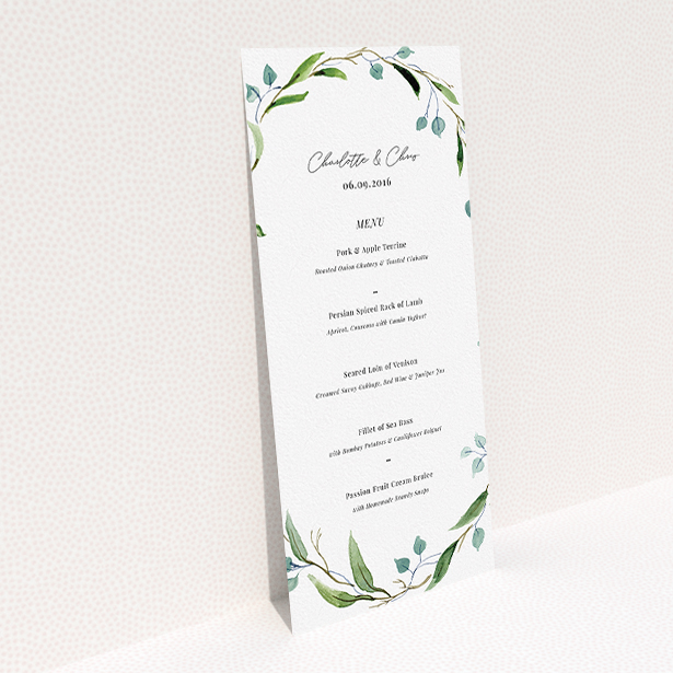 A wedding menu card design titled "Thin Watercolour Wreath". It is a tall (DL) menu in a portrait orientation. "Thin Watercolour Wreath" is available as a flat menu, with tones of blue and green.
