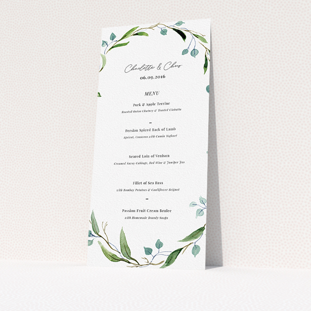 A wedding menu card design titled "Thin Watercolour Wreath". It is a tall (DL) menu in a portrait orientation. "Thin Watercolour Wreath" is available as a flat menu, with tones of blue and green.