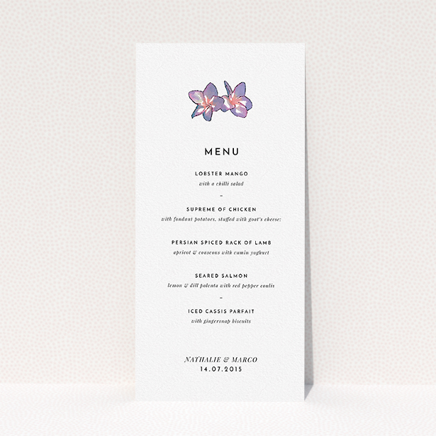 A wedding menu card design called "Two little orchids". It is a tall (DL) menu in a portrait orientation. "Two little orchids" is available as a flat menu, with tones of white and purple.