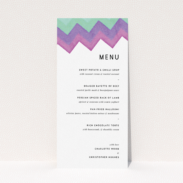 A wedding menu card design named "Vibrant Peaks". It is a tall (DL) menu in a portrait orientation. "Vibrant Peaks" is available as a flat menu, with tones of white, green and purple.
